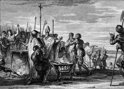 877年、オルダリーまたは「神の裁き」： ロレーヌ王国の禿げた半分の領有権をルイ2世に主張するためにやってきたゲルマニアのルイの代表者たちは、熱い鉄、熱湯、冷水のテストを受けることに同意した。ジャン・ミッシェル・モルによる図版 作： Jean Michel the Younger Moreau