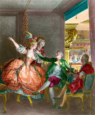 売春の話"The presentation at the theatre" 若い女性が仲人を通して紳士に紹介される。モロー・ル・ジュンヌ（1741-1814）のエングレーヴィング。19世紀個人蔵 作： Jean Michel the Younger Moreau