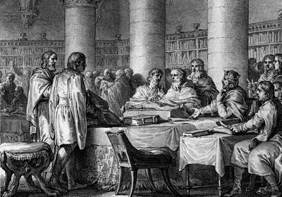 フランク王国の王シャルルマーニュ（747-814）と修道士アルクインにより、西欧での学問の再興が図られる。781.ジャン・ミシェル・モロー（Moreau le Jeune）（1741-1814）によるエングレーヴィング 作： Jean Michel the Younger Moreau