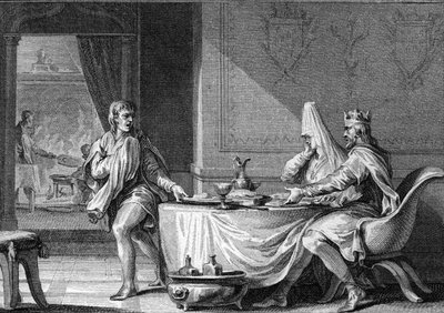 フランス王ロベール2世（970年頃～1031年頃）は、いとこのブルゴーニュのベルトと結婚したため、997年に破門されました。18世紀、モロー・ザ・ヤングによるエングレーヴィング。 作： Jean Michel the Younger Moreau