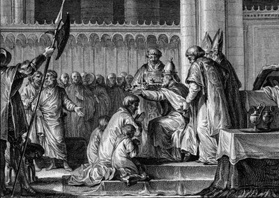 Sacred Pepin the Brief (714-768), Basilica of Saint Denis, 28 July 754: 教皇ステファン2世は彼をフランク族の王、ローマ人のパトリス・ロマネスク（Patricius Romanorum）として奉献した。傍らには2人の息子、カルロマンとシャルル（後のシャルルマーニュ）がいる。エングレーヴィング 作： Jean Michel the Younger Moreau