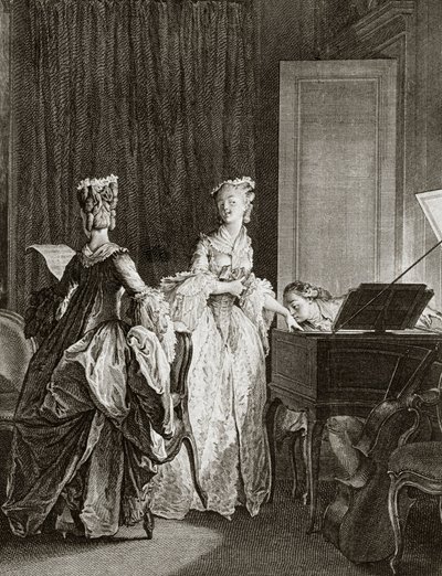 スイスの哲学者Jean Jacques (Jean-Jacques) Rousseau (1712-1778)の「Julie ou la nouvelle Heloise」のチェンバロに向かうサン・プレウとクレール-Moreau le jeune, Jean Michel (1741-1814)のエングレーヴィング（サン・プレウ、チェンバロに落ち着く、kisse 作： Jean Michel the Younger Moreau