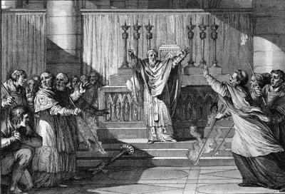 カペー朝時代の破門シーン：祭壇の階段に十字架を置き、ロウソクを逆に灯し、聖職者は破門の呪文を唱えながら集合する。10世紀。ジャン・ミッシェル・モロー（モロー・ル・ジュン）（1741-1814）によるエングレーヴィング 作： Jean Michel the Younger Moreau