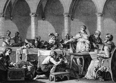 フランスっ子の王、ダゴベール1世（602/605-638）の死後、ランデンとエガのペピン宮殿の2人の市長の管理下に置かれたトレゾールの共有。ジャン・ミッシェル・モロー（モロー・ル・ジュン）（1741-1814）によるエングレーヴィング 作： Jean Michel the Younger Moreau