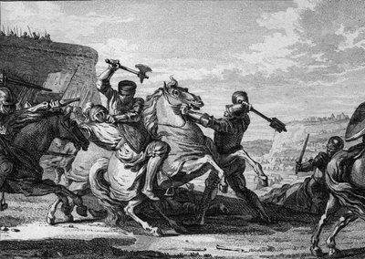 オトン2世の軍隊によるパリの包囲戦、978年：パリに入ろうとしたドイツ人騎士（皇帝の甥）が殺害される。ジャン・ミシェル・モロー（モロー・ル・ジュンヌ）（1741-1814）によるエングレーヴィング 作： Jean Michel the Younger Moreau