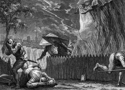 954年のポワチエ包囲戦：嵐の中、光がユーグ大帝（897-956）の天幕を破壊した。ジャン・ミッシェル・モロー（モロー・ル・ジュン）（1741-1814）によるエングレーヴィング 作： Jean Michel the Younger Moreau