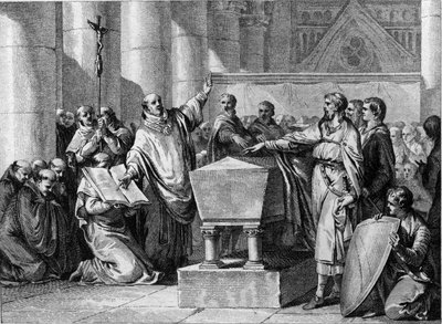 ペピン・ド・ランデンに代表されるフランク王国へのガスコン人の服従、635年。ジャン・ミッシェル・モロー（モロー・ル・ジュン）（1741-1814）によるエングレーヴィング 作： Jean Michel the Younger Moreau