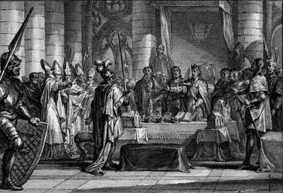 ルイ1世の継承（816年）：西方皇帝（778年～840年）は、自分の帝国を3つの王国に分割することを象徴する3つの王冠の前で、それぞれを息子の一人（ロタイア、ペピン、ルイ）に返還します。ジャン・ミによるエングレーヴィング 作： Jean Michel the Younger Moreau
