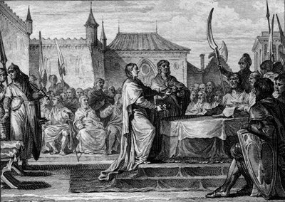 768年、簡潔王ペピンの継承：議会は彼の2人の息子、シャルルマーニュ（747-814）とカルロマン（751-771頃）に王国を分割することを決定し、簡潔王ペピンが行った取り決めを崩しました。ジャン・ミシェル・モロー（モロー1世）によるエングレーヴィング 作： Jean Michel the Younger Moreau