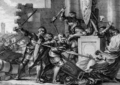 サクソン人との戦争（772年）：シャルルマーニュの軍隊によって、サクソン人のパイア人の神であるイルメンスルの神殿と偶像が破壊される。ドイツ、エーレスブルグ。ジャン・ミシェル・モロー（モロー・ル・ジューン）（1741-1814）の版画 作： Jean Michel the Younger Moreau