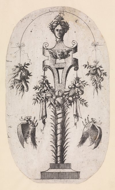 女性の頭、ストラップワーク、トロフィー、1535-55 のタームのデザイン。 作： Jean Mignon