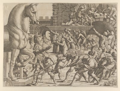 トロイア人が木馬を都市に持ち込んだ、1535-55年。 作： Jean Mignon