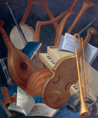 ジャン・モズニエ(1600-1656)によるパネル画「音楽のアレゴリー」の楽器の細部。フランス、ロワール＝エ＝シェール地方のボーレガード城。 作： Jean Monier or Mosnier