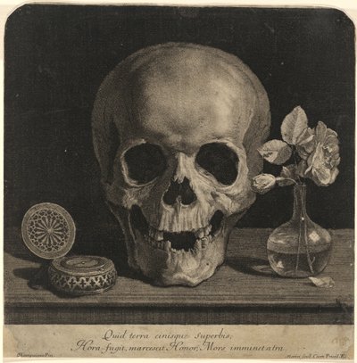 頭蓋骨とバラの花瓶のある静物 作： Jean Morin, after Philippe de Champaigne