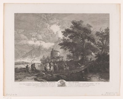 橋のある風景の中の狩猟会社 Petite Partie de Chasse (オブジェクトのタイトル) Philips Wouwermanによる絵画の後の版画（シリーズタイトル） Works of Ph.pe Wouwermans Hollandois (シリーズタイトル) 作： Jean Moyreau