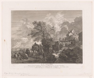 滝で旅行者のいる風景 La cascade (オブジェクトのタイトル) Philips Wouwermanによる絵画の後の版画（シリーズタイトル） Works of Ph.pe Wouwermans Hollandois (シリーズタイトル) 作： Jean Moyreau