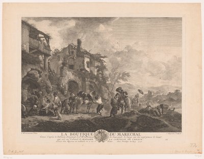 鍛冶屋の旅人 La Boutique du maréchal (オブジェクトのタイトル) Philips Wouwermanによる絵画の後の版画（シリーズタイトル） Works of Ph.pe Wouwermans Hollandois (シリーズタイトル) 作： Jean Moyreau