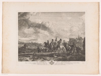 風景の中で狩猟パーティーを休む Le Conseil des Chasseurs (オブジェクトのタイトル) Philips Wouwermanによる絵画の後の版画（シリーズタイトル） Works of Ph.pe Wouwermans Hollandois (シリーズタイトル) 作： Jean Moyreau