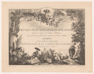 Philips Wouwerman のポートレートと、人物や動物が風景の中に描かれたタイトル プリント Philips Wouwermanによる絵画の後の版画（シリーズタイトル） Oeuvres de Ph.pe Wouwermans Hollandois (オブジェクトのシリーズ タイトル) 作： Jean Moyreau