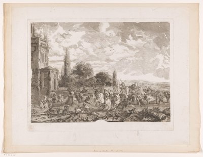 家の前で出発する狩猟隊 Partie de Chasse pour le Vol Philips Wouwermanによる絵画の後の版画（シリーズタイトル） Works of Ph.pe Wouwermans Hollandois (シリーズタイトル) 作： Jean Moyreau