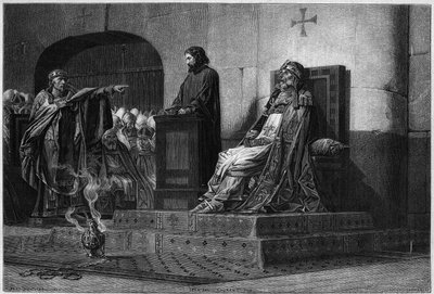 教皇フォルモサとステファン7世897年の遺体審議会：教皇フォルモサ（教皇891年から896年）の遺体が、教皇ステファン6世または7世（教皇896年から897年）が主宰するシノドス会議の前で、教皇の服を着て比較され、発掘の原点となった。 作： Jean Paul (after) Laurens