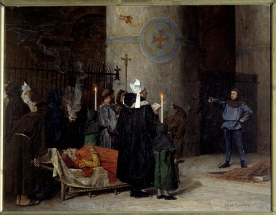 1066年から1087年（1087年）までイングランドの王であった征服王ウィリアム（1027-1087）の葬儀を、カーンのアビー・オ・オム（Abbey-au-Hommes）で行う。アセリンという男が儀式を中断している。ジャン・ポール・ローレンス（1838-1921）の絵 作： Jean Paul Laurens