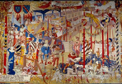 14世紀末のトーナメントシーン。画家ジャン＝ポール・ローランス（1838-1921）が描いた厚紙で、パリ国立公文書館の公会堂を飾るタペストリー・デ・ゴブラン（Tapestry des Gobelins）。 作： Jean Paul Laurens