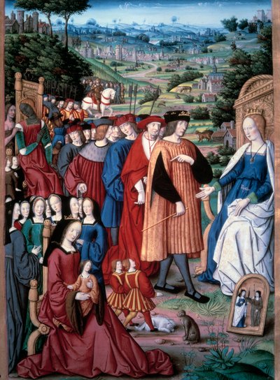 アレゴリー：理性と人。 フランス国王ルイ 12 世 (1462-1515) は、妻であるブルターニュのアン女王 (1477-1514) をデザインするという理由で前進します。 ジャン・ピショールによるミニチュア「」でのレメデスは、別の運命に逆らっています。 De remediis uturiusque fortunae 作： Jean Pichore