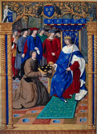 Francesco Petrarca または Petrarch は、彼の本をフランス国王ルイ 12 世に贈呈します。 ミニチュア版「両運のレメディー」。 ペトラルカ (1304-1374) 作、1503 年頃にジャン ピショールによって照らされた「De remediis uttriusque fortunae」。パリ、NL 作： Jean Pichore