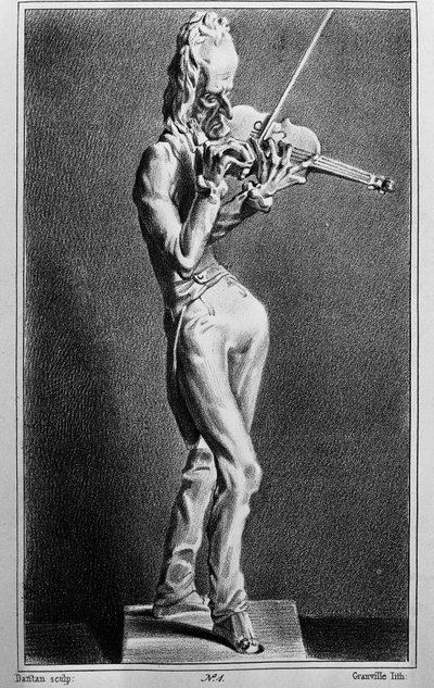Niccolo Paganini (1782-1840), イタリアのヴァイオリニスト、作曲家。若き日のジャン・ピエール・ダンタンの彫刻の後に描かれた風刺画。 作： Jean Pierre (after) Dantan