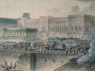 1789年7月17日、ルーヴル美術館の正面に到着したルイ16世（1754-93）（紙と紙とガッシュ） 作： Jean Pierre Houel