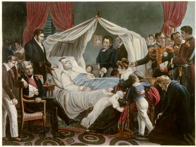 La Mort de Napoleon, 5/05/1821 a Sainte Helene シャルル・オーギュスト・スチューベン（1788-1856）の絵の後に、ジャン・ピエール・マリー・ジャゼ（1788-1871）がリトグラフで描いた作品。シャトーミュージアム 作： Jean Pierre Marie Jazet