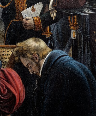 ナポレオンの死、1821年5月5日、サン・ヘレネにて ジャン・アブラハム・ノヴェラズ（1790-1849）を表現したディテール。マルメゾンのシャルル・オーギュスト・スチューベン（1788-1856）の絵をもとに、ジャン・ピエール・マリー・ジャゼ（1788-1871）が描いたリトグラフ。シャトーミュージアム 作： Jean Pierre Marie Jazet