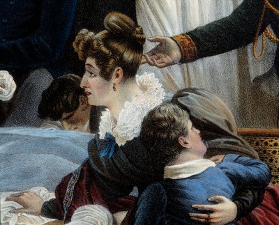 ナポレオンの死、1821年5月5日、サン・ヘレンデテール アンリ・ガティアン・ベルトラン（1773-1844）の妻、ファニー・ベルトランを表す。シャルル・オーギュスト・スチューベン（1788-1856）の絵をもとにジャン・ピエール・マリー・ジャゼ（1788-1871）が描いたリトグラフ「マルメゾン」。シャトー 作： Jean Pierre Marie Jazet