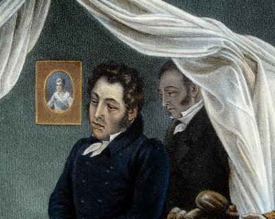 ナポレオンの死、1821年5月5日、サント・ヘレネにて ルイ・エチエンヌ・サン・ドニ（1788-1856）のディテール。シャルル・オーギュスト・スチューベン（1788-1856）の絵をもとに、ジャン・ピエール・マリー・ジャゼ（1788-1871）がリトグラフを制作。 作： Jean Pierre Marie Jazet
