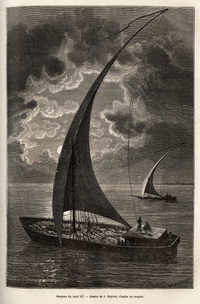 Les barques du haut Nile, reduced crew and passengers sleeping on deck, in moonlight, J.Moynet