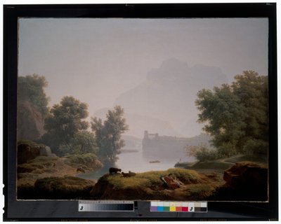 朝と夕方：羊飼いのいる古典的な風景、その向こうに水道橋。 作： Jean Pierre Pequignot