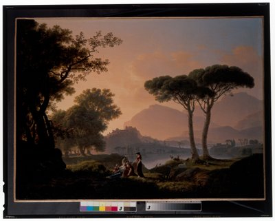 朝と夕方：湖畔に羊飼いとニンフ、その向こうに丘の上の城がある古典的な風景。 作： Jean Pierre Pequignot