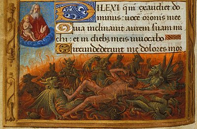 時間の書、詳細: 悪魔に苦しめられ、ラザロの魂に見守られたダイブ、c. 1500 作： Jean Poyet