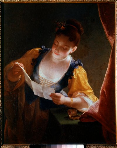 手紙を読む若い女性 ジャン・ラオウ（1677-1734）の絵画 18世紀 日0.99x0.81m 作： Jean Raoux