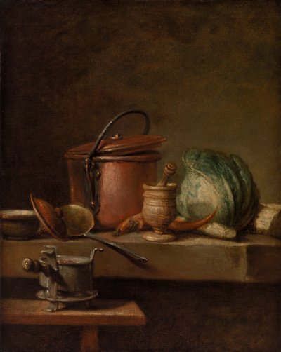 銅鍋、キャベツ、乳棒、ストーブのある静物 作： Jean Baptiste Simeon Chardin