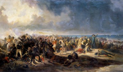 1795 年 7 月 21 日、ラザール・オッシュ将軍は、シュアン族とつながりのある王党派の亡命者を船から降ろそうとする試みを阻止しました。 Jean Soreuil (1824-1871) による絵画 1850 Arras、Musee Des Beaux Arts 作： Jean Soreuil