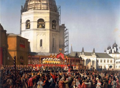 1856年、モスクワのロシア皇帝アレクサンドル2世の戴冠式の後の行列。 作： Jean Sorieul