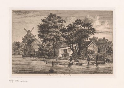 背景の建物と風車で、木の幹が集められたアントワープのイングリッシュ ベストの眺め 1867年に完成したイングリッシュ・ベスト（オブジェクトのタイトル） 作： Jean Théodore Joseph Linnig