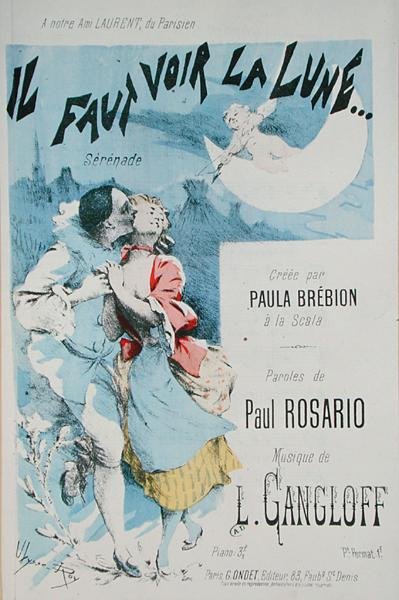 スカラ座でポーラ・ブレビオンが制作した「Il Faut Voir la Lune」（音楽：L.ガングロフ、テキスト：ポール・ロザリオ）の楽譜の表紙（カラー彫刻版 作： Jean Ulysse Roy