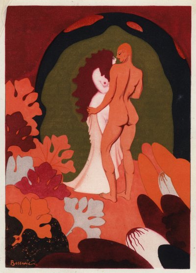 オウィッドの愛の書：彼女を私の側にそっと押しつけるために（カラーリトグラフ） 作： Jean de Bosschere