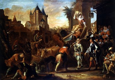 Arrivee des comediens au Mans ポール・スカロン(1610-1660)の「コミック・ローマン」を描いた絵画。ジャン・バティスト（Jean Baptiste）・クーロン（またはCoulon）（1695年頃～1735年）の絵画 作： Jean de Coulom
