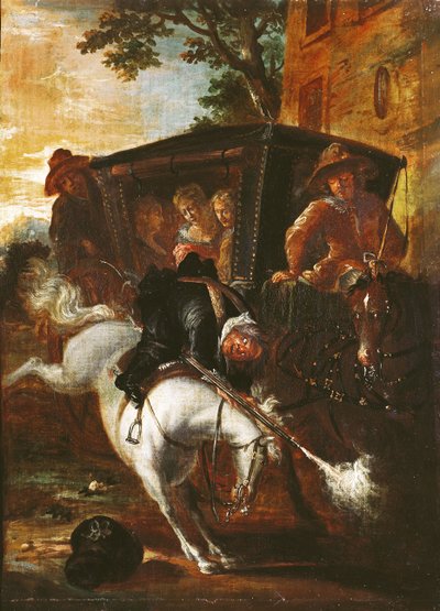 彼の背中にマスケット銃を持ち、ラゴティンは彼の馬に登って、ポール・スキャロン（1610-60）1712-16による「ローマン・コミック」から、劇団に同行します。 作： Jean de Coulom