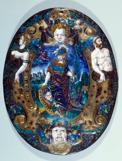 ジャン・コート・ディ・ヴィジェ（16世紀）（リモージュのエナマイユール画家）が制作した、風景を背景にミネルヴを描いたエナメル彩のトレイ パリ、ルーヴル美術館 作： Jean de Court