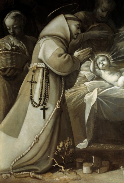 羊飼いたちの崇拝子供イエスの前で祈る僧侶。ジャン・ド・サン・イグニーの絵画 作： Jean de Saint Igny
